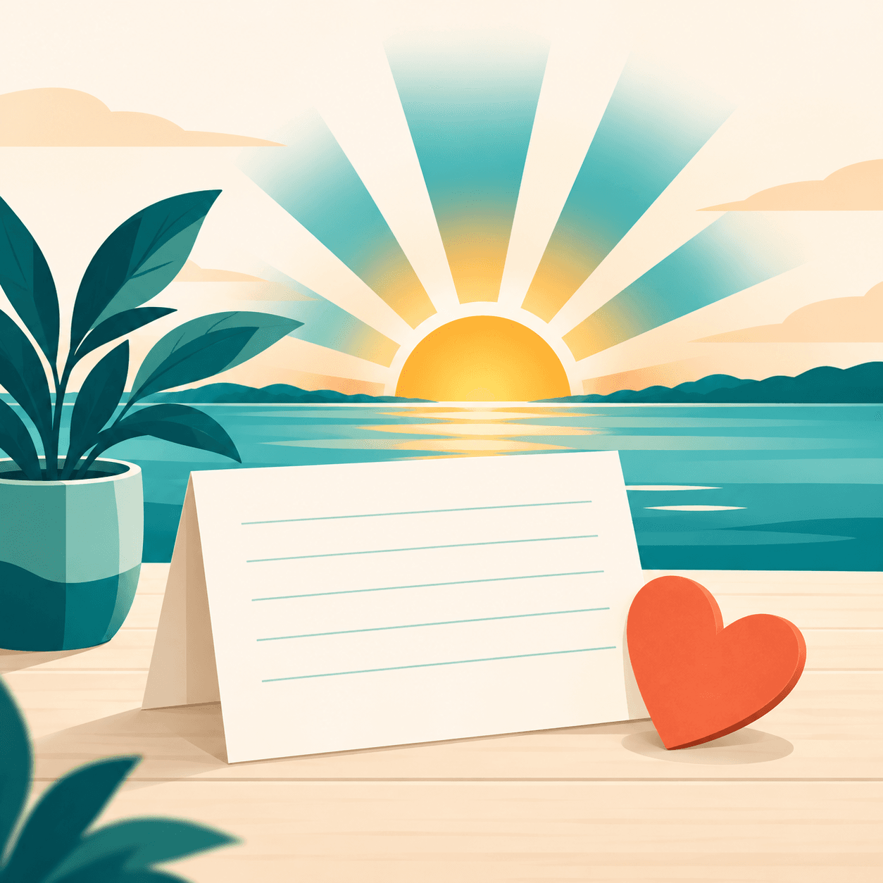 Brand illustration of a blank gratitude note and a heart at sunrise